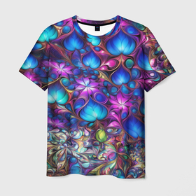 Мужская футболка 3D с принтом Абстракция синие листья и фиолетовый цветы в Тюмени, 100% полиэфир | прямой крой, круглый вырез горловины, длина до линии бедер | 