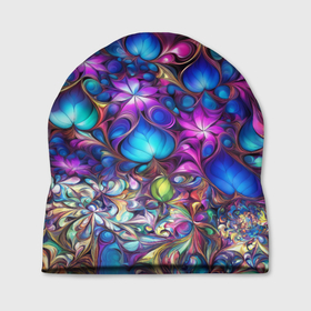Шапка 3D с принтом Абстракция синие листья и фиолетовый цветы , 100% полиэстер | универсальный размер, печать по всей поверхности изделия | Тематика изображения на принте: 