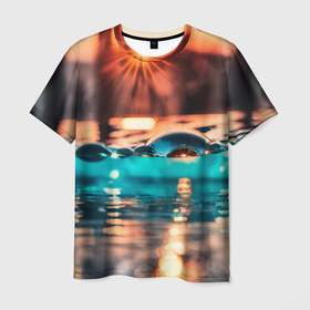 Мужская футболка 3D с принтом Поверхность воды на закате макро в Тюмени, 100% полиэфир | прямой крой, круглый вырез горловины, длина до линии бедер | Тематика изображения на принте: 