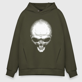 Мужское худи Oversize хлопок с принтом Череп инопланетянина белый в Рязани, френч-терри — 70% хлопок, 30% полиэстер. Мягкий теплый начес внутри —100% хлопок | боковые карманы, эластичные манжеты и нижняя кромка, капюшон на магнитной кнопке | Тематика изображения на принте: 