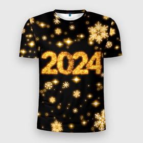 Мужская футболка 3D Slim с принтом Новый 2024 год   золотые снежинки в Екатеринбурге, 100% полиэстер с улучшенными характеристиками | приталенный силуэт, круглая горловина, широкие плечи, сужается к линии бедра | 