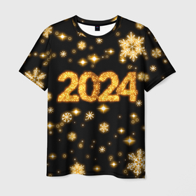 Мужская футболка 3D с принтом Новый 2024 год   золотые снежинки в Екатеринбурге, 100% полиэфир | прямой крой, круглый вырез горловины, длина до линии бедер | 