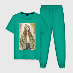 Мужская пижама хлопок с принтом Девушка в куртке и шапке поздняя осень в Тюмени, 100% хлопок | брюки и футболка прямого кроя, без карманов, на брюках мягкая резинка на поясе и по низу штанин
 | 