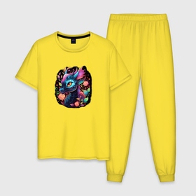 Мужская пижама хлопок с принтом Неоновый дракон в цветах в Белгороде, 100% хлопок | брюки и футболка прямого кроя, без карманов, на брюках мягкая резинка на поясе и по низу штанин
 | 