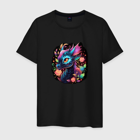 Мужская футболка хлопок с принтом Неоновый дракон в цветах в Белгороде, 100% хлопок | прямой крой, круглый вырез горловины, длина до линии бедер, слегка спущенное плечо. | Тематика изображения на принте: 