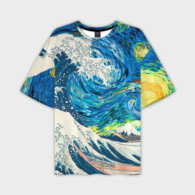 Мужская футболка oversize 3D с принтом Великая волна и звёздная ночь в Санкт-Петербурге,  |  | 