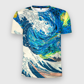 Мужская футболка 3D Slim с принтом Великая волна и звёздная ночь в Санкт-Петербурге, 100% полиэстер с улучшенными характеристиками | приталенный силуэт, круглая горловина, широкие плечи, сужается к линии бедра | 