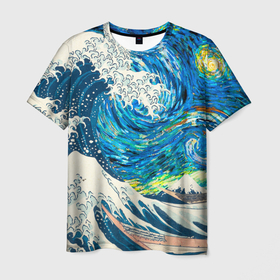 Мужская футболка 3D с принтом Великая волна и звёздная ночь в Санкт-Петербурге, 100% полиэфир | прямой крой, круглый вырез горловины, длина до линии бедер | 