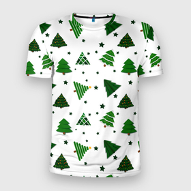 Мужская футболка 3D Slim с принтом Узор с зелеными елочками в Екатеринбурге, 100% полиэстер с улучшенными характеристиками | приталенный силуэт, круглая горловина, широкие плечи, сужается к линии бедра | 