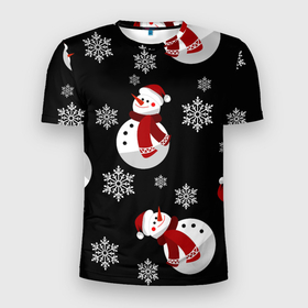 Мужская футболка 3D Slim с принтом Снеговички в зимних шапочках со снежинками в Тюмени, 100% полиэстер с улучшенными характеристиками | приталенный силуэт, круглая горловина, широкие плечи, сужается к линии бедра | 