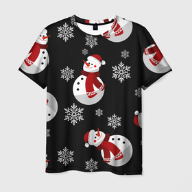Мужская футболка 3D с принтом Снеговички в зимних шапочках со снежинками , 100% полиэфир | прямой крой, круглый вырез горловины, длина до линии бедер | 