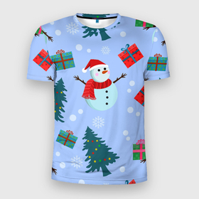 Мужская футболка 3D Slim с принтом Снеговики с новогодними подарками паттерн в Белгороде, 100% полиэстер с улучшенными характеристиками | приталенный силуэт, круглая горловина, широкие плечи, сужается к линии бедра | Тематика изображения на принте: 