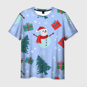 Мужская футболка 3D с принтом Снеговики с новогодними подарками паттерн , 100% полиэфир | прямой крой, круглый вырез горловины, длина до линии бедер | 