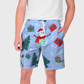 Мужские шорты 3D с принтом Снеговики с новогодними подарками паттерн ,  полиэстер 100% | прямой крой, два кармана без застежек по бокам. Мягкая трикотажная резинка на поясе, внутри которой широкие завязки. Длина чуть выше колен | 