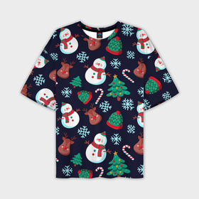 Мужская футболка oversize 3D с принтом Снеговички с рождественскими оленями и елками ,  |  | 