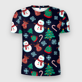 Мужская футболка 3D Slim с принтом Снеговички с рождественскими оленями и елками , 100% полиэстер с улучшенными характеристиками | приталенный силуэт, круглая горловина, широкие плечи, сужается к линии бедра | 