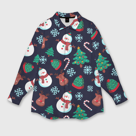 Мужская рубашка oversize 3D с принтом Снеговички с рождественскими оленями и елками в Тюмени,  |  | Тематика изображения на принте: 