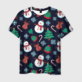 Мужская футболка 3D с принтом Снеговички с рождественскими оленями и елками , 100% полиэфир | прямой крой, круглый вырез горловины, длина до линии бедер | Тематика изображения на принте: 