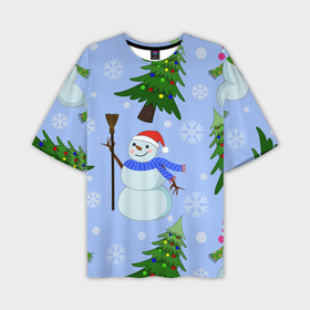 Мужская футболка oversize 3D с принтом Снеговики с новогодними елками паттерн в Тюмени,  |  | Тематика изображения на принте: 