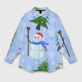 Мужская рубашка oversize 3D с принтом Снеговики с новогодними елками паттерн в Тюмени,  |  | Тематика изображения на принте: 