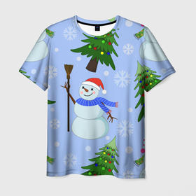Мужская футболка 3D с принтом Снеговики с новогодними елками паттерн , 100% полиэфир | прямой крой, круглый вырез горловины, длина до линии бедер | 