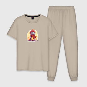Мужская пижама хлопок с принтом Дракончик с кексом в шарфе осень в Тюмени, 100% хлопок | брюки и футболка прямого кроя, без карманов, на брюках мягкая резинка на поясе и по низу штанин
 | 