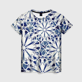 Женская футболка 3D с принтом Стилизованные цветы абстракция синее белый в Тюмени, 100% полиэфир ( синтетическое хлопкоподобное полотно) | прямой крой, круглый вырез горловины, длина до линии бедер | 