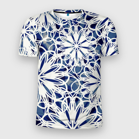 Мужская футболка 3D Slim с принтом Стилизованные цветы абстракция синее белый в Екатеринбурге, 100% полиэстер с улучшенными характеристиками | приталенный силуэт, круглая горловина, широкие плечи, сужается к линии бедра | 
