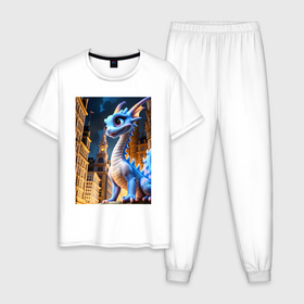 Мужская пижама хлопок с принтом Синяя дракоша в Белгороде, 100% хлопок | брюки и футболка прямого кроя, без карманов, на брюках мягкая резинка на поясе и по низу штанин
 | 