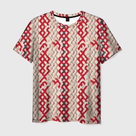 Мужская футболка 3D с принтом Красный и белый вязанный стиль , 100% полиэфир | прямой крой, круглый вырез горловины, длина до линии бедер | 