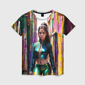 Женская футболка 3D с принтом Девушка в блестящем топе с длинными рукавами в Санкт-Петербурге, 100% полиэфир ( синтетическое хлопкоподобное полотно) | прямой крой, круглый вырез горловины, длина до линии бедер | 