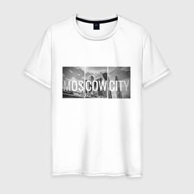 Мужская футболка хлопок с принтом Moscow City в Кировске, 100% хлопок | прямой крой, круглый вырез горловины, длина до линии бедер, слегка спущенное плечо. | 