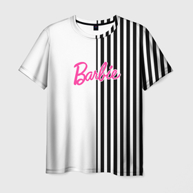 Мужская футболка 3D с принтом Барби   белый и черные полосы , 100% полиэфир | прямой крой, круглый вырез горловины, длина до линии бедер | 
