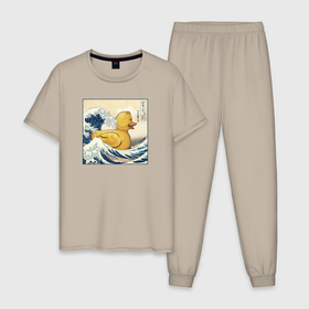Мужская пижама хлопок с принтом Великая волна и уточка в Санкт-Петербурге, 100% хлопок | брюки и футболка прямого кроя, без карманов, на брюках мягкая резинка на поясе и по низу штанин
 | 