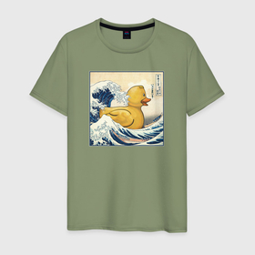 Мужская футболка хлопок с принтом Великая волна и уточка в Белгороде, 100% хлопок | прямой крой, круглый вырез горловины, длина до линии бедер, слегка спущенное плечо. | 