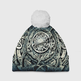 Шапка 3D c помпоном с принтом Орнамент и руны скандинавских викингов в Белгороде, 100% полиэстер | универсальный размер, печать по всей поверхности изделия | Тематика изображения на принте: 