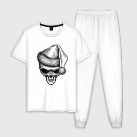 Мужская пижама хлопок с принтом Новогодний череп инопланетянина , 100% хлопок | брюки и футболка прямого кроя, без карманов, на брюках мягкая резинка на поясе и по низу штанин
 | Тематика изображения на принте: 