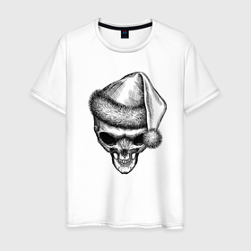 Мужская футболка хлопок с принтом Новогодний череп инопланетянина , 100% хлопок | прямой крой, круглый вырез горловины, длина до линии бедер, слегка спущенное плечо. | Тематика изображения на принте: 