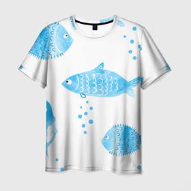 Мужская футболка 3D с принтом Морской мир в синих тонах в Кировске, 100% полиэфир | прямой крой, круглый вырез горловины, длина до линии бедер | Тематика изображения на принте: 