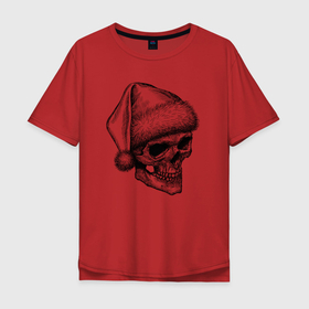 Мужская футболка хлопок Oversize с принтом Череп в новогодней шапке в Санкт-Петербурге, 100% хлопок | свободный крой, круглый ворот, “спинка” длиннее передней части | 