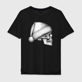 Мужская футболка хлопок Oversize с принтом Новогодний череп сбоку в Санкт-Петербурге, 100% хлопок | свободный крой, круглый ворот, “спинка” длиннее передней части | 