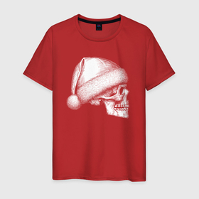 Мужская футболка хлопок с принтом Новогодний череп сбоку , 100% хлопок | прямой крой, круглый вырез горловины, длина до линии бедер, слегка спущенное плечо. | Тематика изображения на принте: 