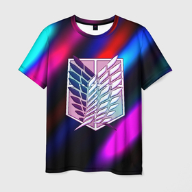 Мужская футболка 3D с принтом Attack on Titan stripes neon , 100% полиэфир | прямой крой, круглый вырез горловины, длина до линии бедер | 