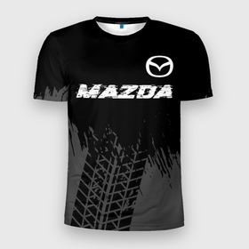 Мужская футболка 3D Slim с принтом Mazda speed на темном фоне со следами шин: символ сверху в Тюмени, 100% полиэстер с улучшенными характеристиками | приталенный силуэт, круглая горловина, широкие плечи, сужается к линии бедра | 