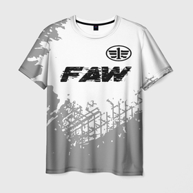 Мужская футболка 3D с принтом FAW speed на светлом фоне со следами шин: символ сверху в Санкт-Петербурге, 100% полиэфир | прямой крой, круглый вырез горловины, длина до линии бедер | 