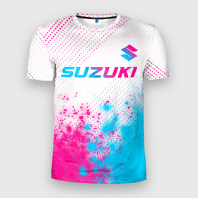 Мужская футболка 3D Slim с принтом Suzuki neon gradient style: символ сверху в Белгороде, 100% полиэстер с улучшенными характеристиками | приталенный силуэт, круглая горловина, широкие плечи, сужается к линии бедра | Тематика изображения на принте: 