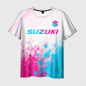 Мужская футболка 3D с принтом Suzuki neon gradient style: символ сверху в Белгороде, 100% полиэфир | прямой крой, круглый вырез горловины, длина до линии бедер | Тематика изображения на принте: 