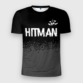 Мужская футболка 3D Slim с принтом Hitman glitch на темном фоне: символ сверху в Тюмени, 100% полиэстер с улучшенными характеристиками | приталенный силуэт, круглая горловина, широкие плечи, сужается к линии бедра | 