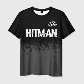 Мужская футболка 3D с принтом Hitman glitch на темном фоне: символ сверху в Тюмени, 100% полиэфир | прямой крой, круглый вырез горловины, длина до линии бедер | Тематика изображения на принте: 