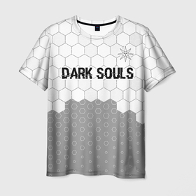 Мужская футболка 3D с принтом Dark Souls glitch на светлом фоне: символ сверху в Екатеринбурге, 100% полиэфир | прямой крой, круглый вырез горловины, длина до линии бедер | 